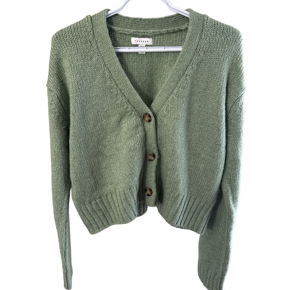 Topshop Sage Green Knit V-Neck Button Front Cropped Cardigan Sweater Womens M